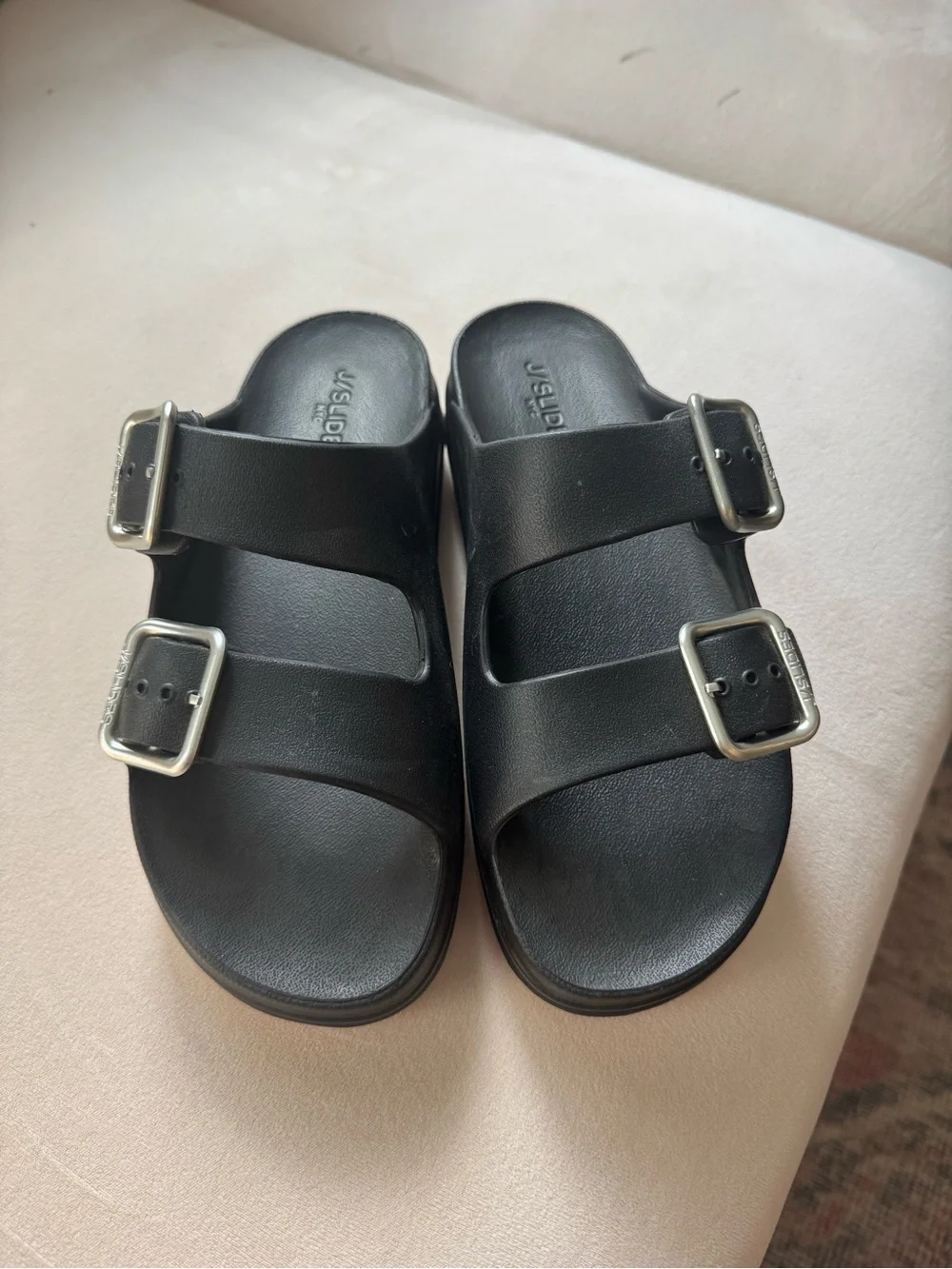 J Slides Black Buckle Slide Sandals - Comfortable Casual Footwear